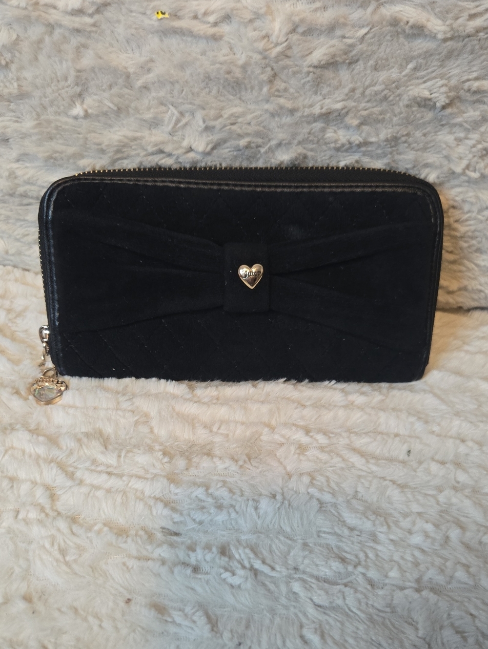 Juicy Couture Black Velvet Bow Zip-Around Wallet with Heart Charm